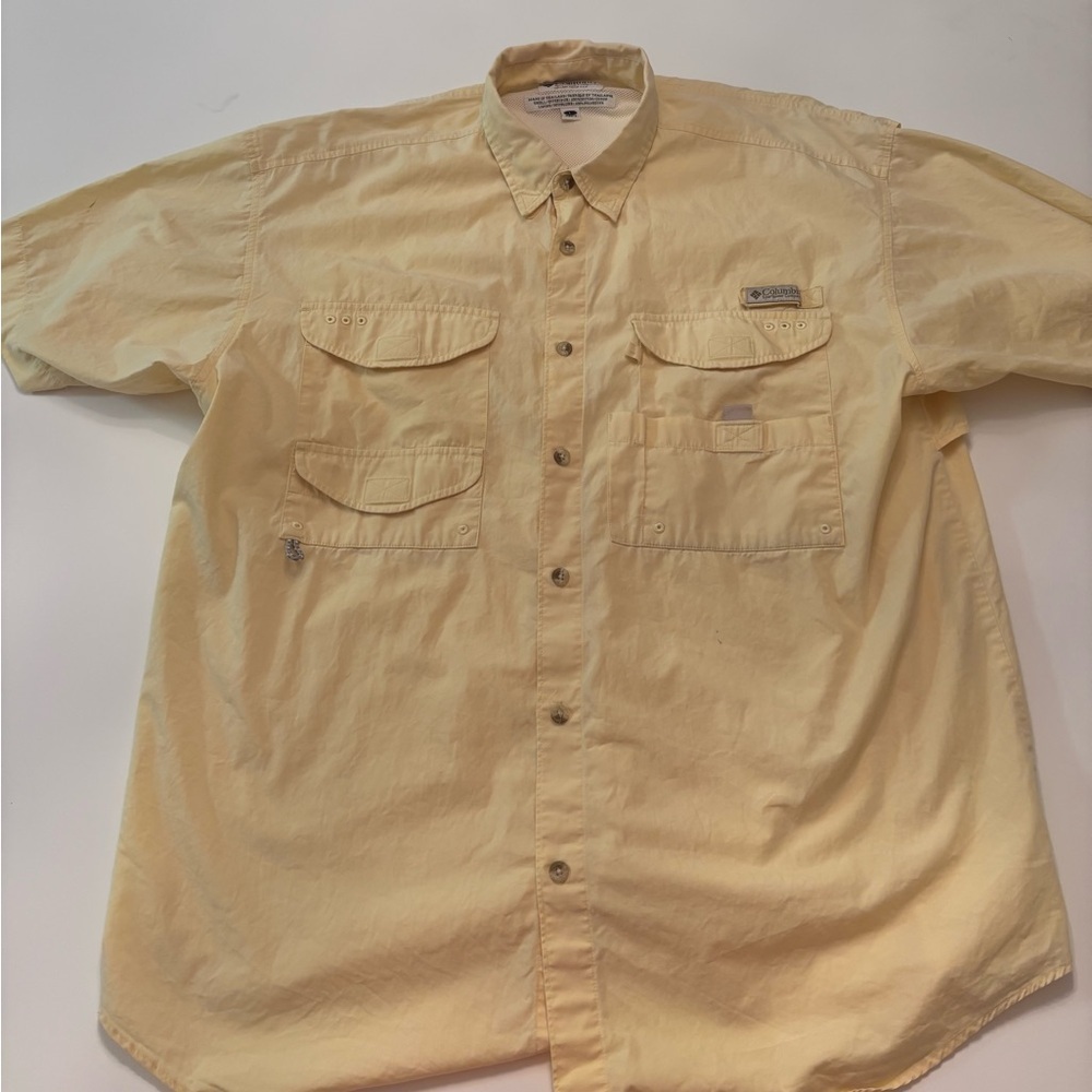 Columbia PFG Short Sleeve Fishing Shirt Men’s L Vented Utility Yellow Cotton